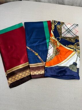 Fashionable Faix Silk Scarves by Maddie Mir- Red, Navy & Orange Prints